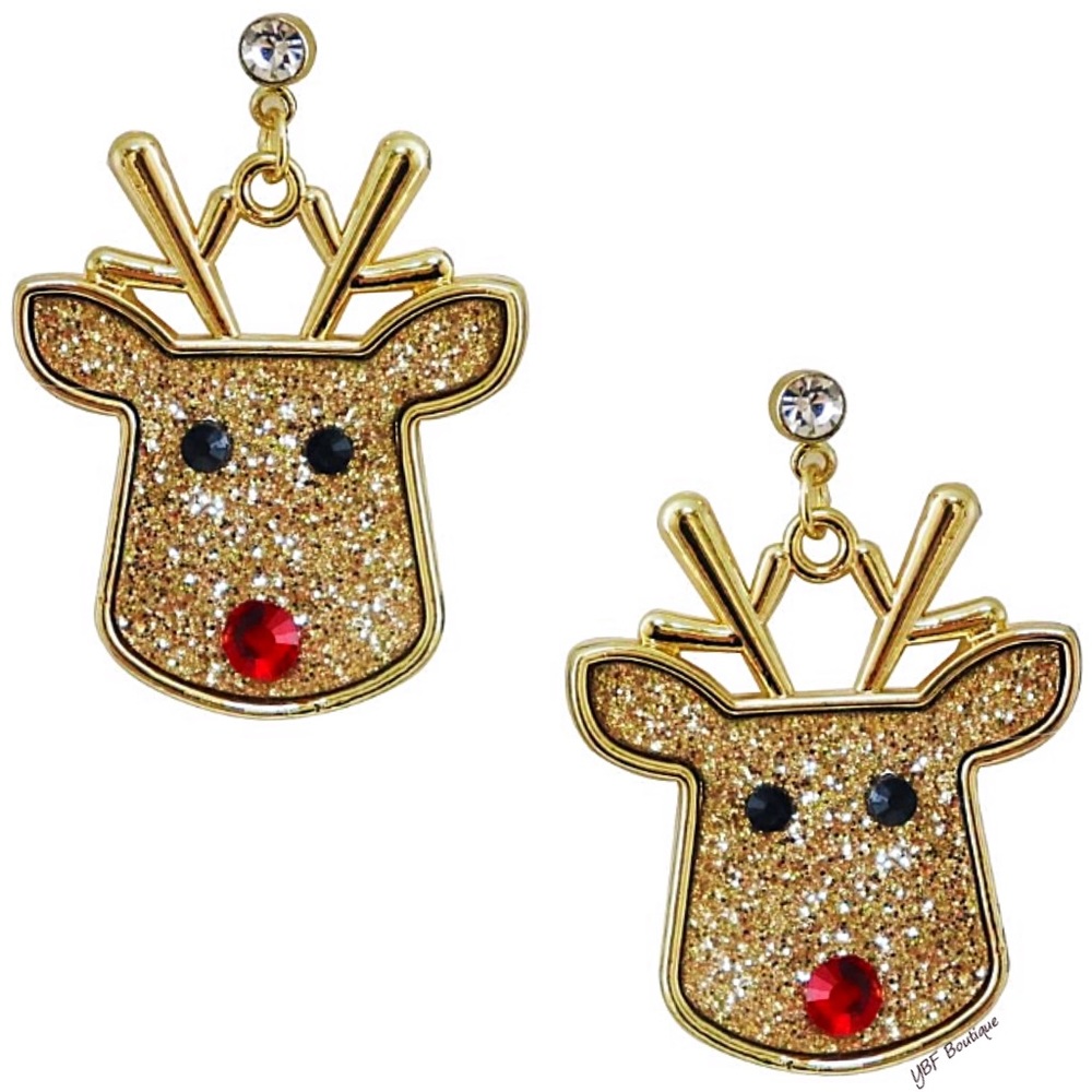 New Gold Glitter & Red Rhinestone Reindeer Christmas Post Statement Earrings - Picture 2 of 4